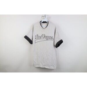 Vintage 90s Streetwear Mens Large Faded Spell Out Script Las Vegas T-Shirt Gray